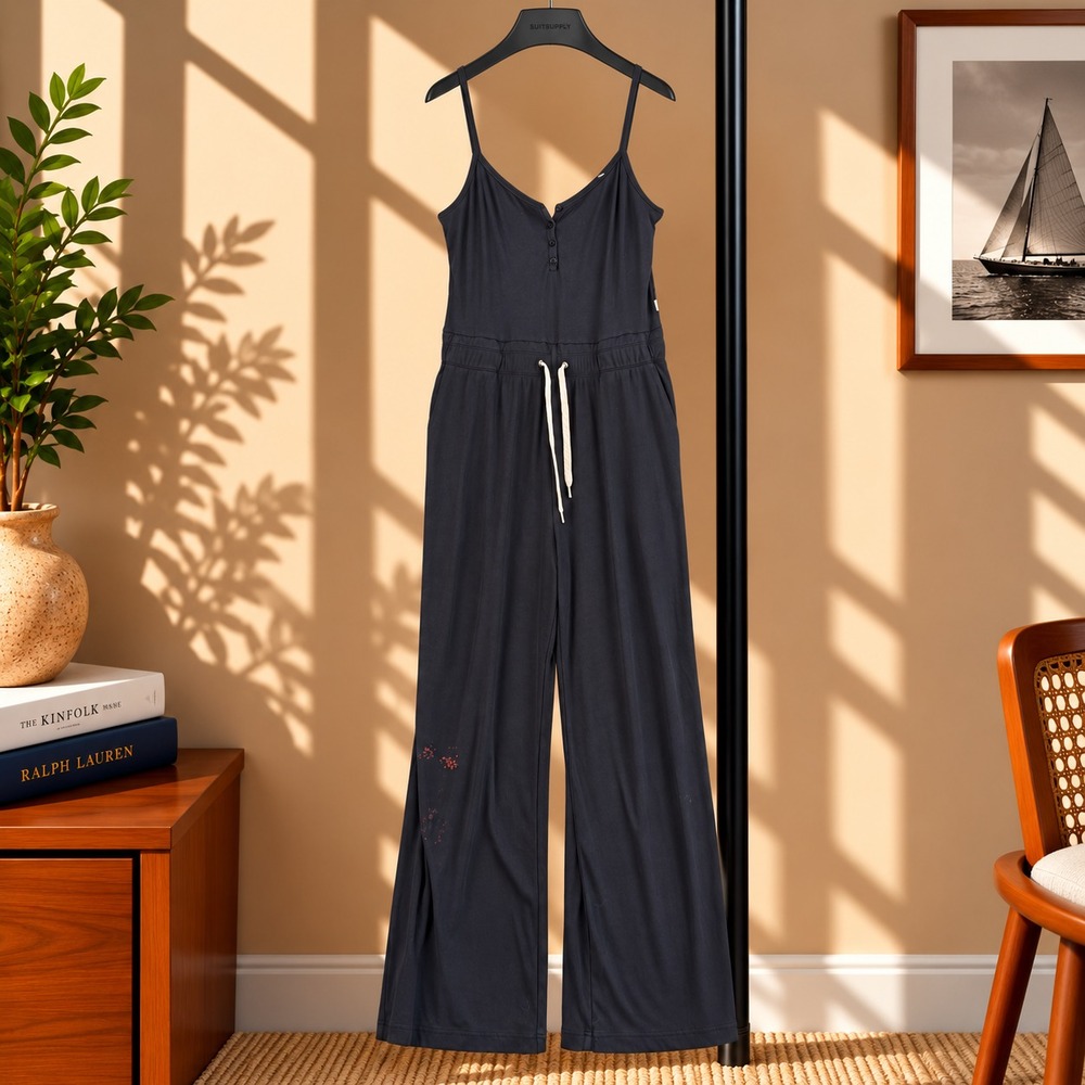 Vuori Pose Henley Jumpsuit Womens M Black VW4066 Ribbed Wide Leg Drawstring